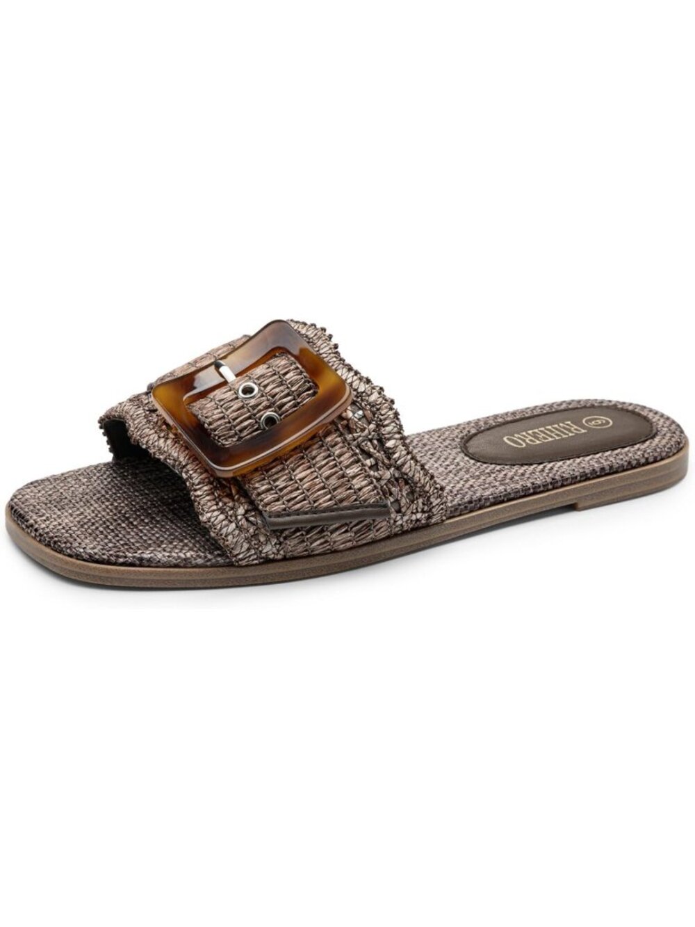 🆕Women's Coffee Raffia Flat Sandals Square Toe Buckle Summer Beach Slides